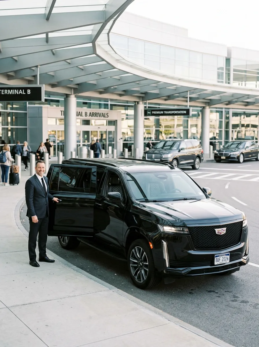 Buffalo corporate limo service with Cadillac Escalade luxury SUV and professional chauffeur